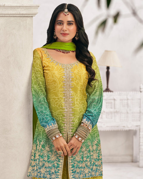 Yellow Green Chinnon Silk Zari & Sequins Work Women Readymade Bandhej Salwar Suit