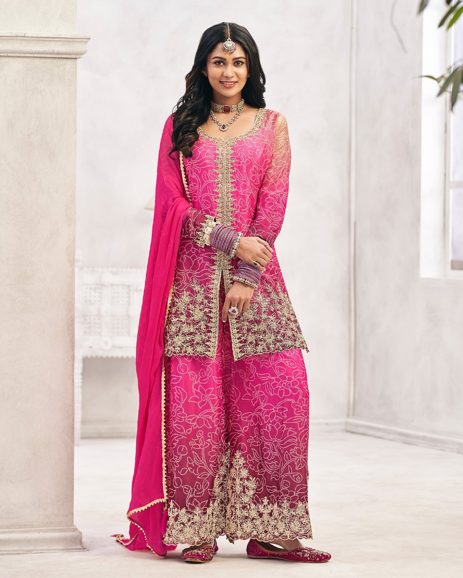 Pink Chinnon Silk Zari & Sequins Work Women Readymade Bandhej Salwar Suit