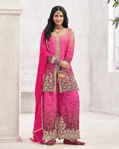 Pink Chinnon Silk Zari & Sequins Work Women Readymade Bandhej Salwar Suit