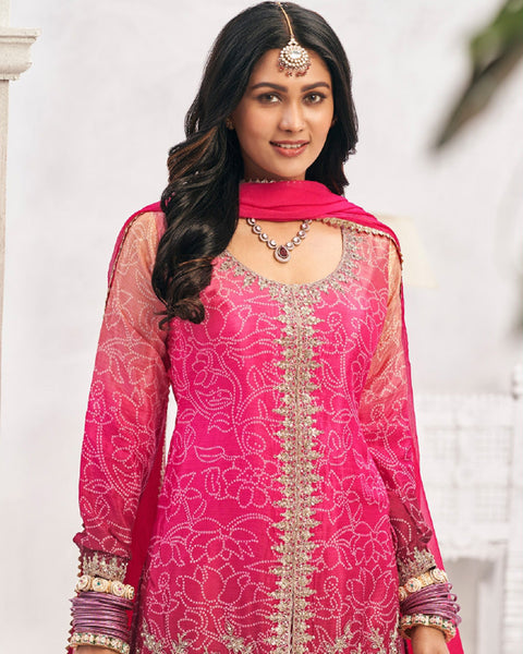 Pink Chinnon Silk Zari & Sequins Work Women Readymade Bandhej Salwar Suit
