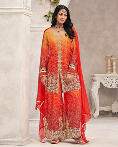 Orange Red Chinnon Silk Zari & Sequins Work Women Readymade Bandhej Salwar Suit