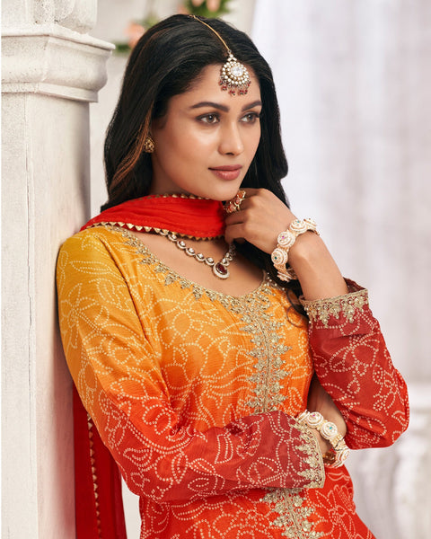 Orange Red Chinnon Silk Zari & Sequins Work Women Readymade Bandhej Salwar Suit