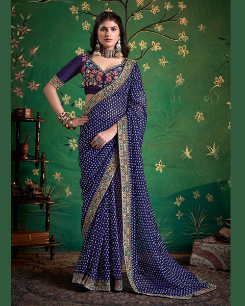 Navy Blue Bandhni Print Georgette Women Saree With Embroidered Blouse
