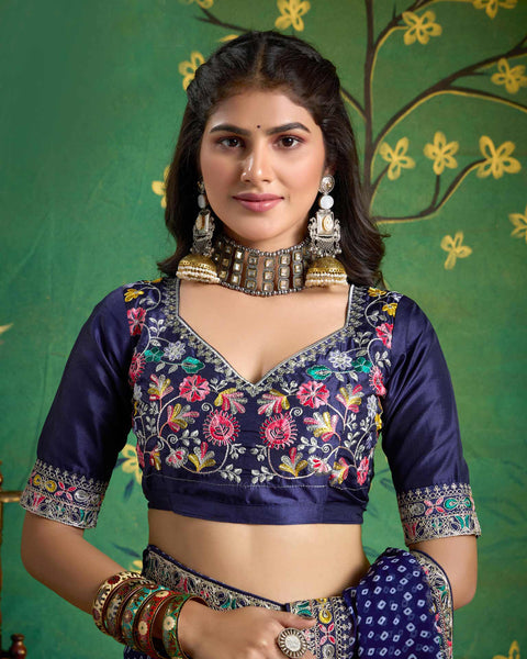 Navy Blue Bandhni Print Georgette Women Saree With Embroidered Blouse