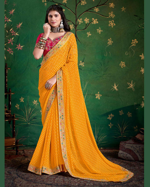 Yellow Bandhni Print Georgette Women Saree With Embroidered Pink Blouse