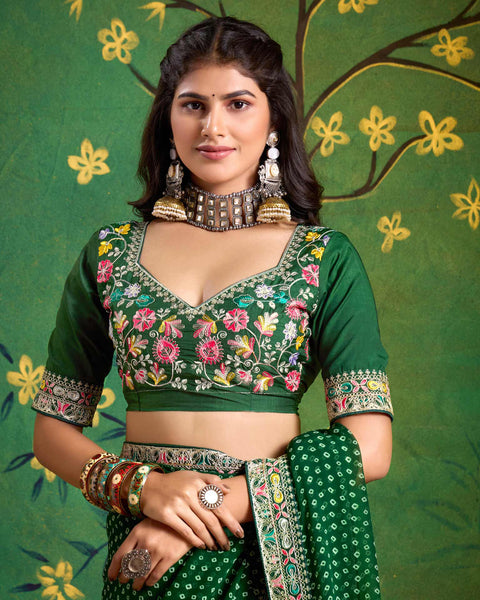 Dark Green Bandhni Print Georgette Women Saree With Embroidered Blouse