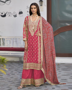 Red Chinnon Silk Bridal Palazzo Suit With Mirror & Zari Work & Embroidered Palazzo & Red Bandhni Dupatta