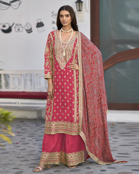 Red Chinnon Silk Bridal Palazzo Suit With Mirror & Zari Work & Embroidered Palazzo & Red Bandhni Dupatta