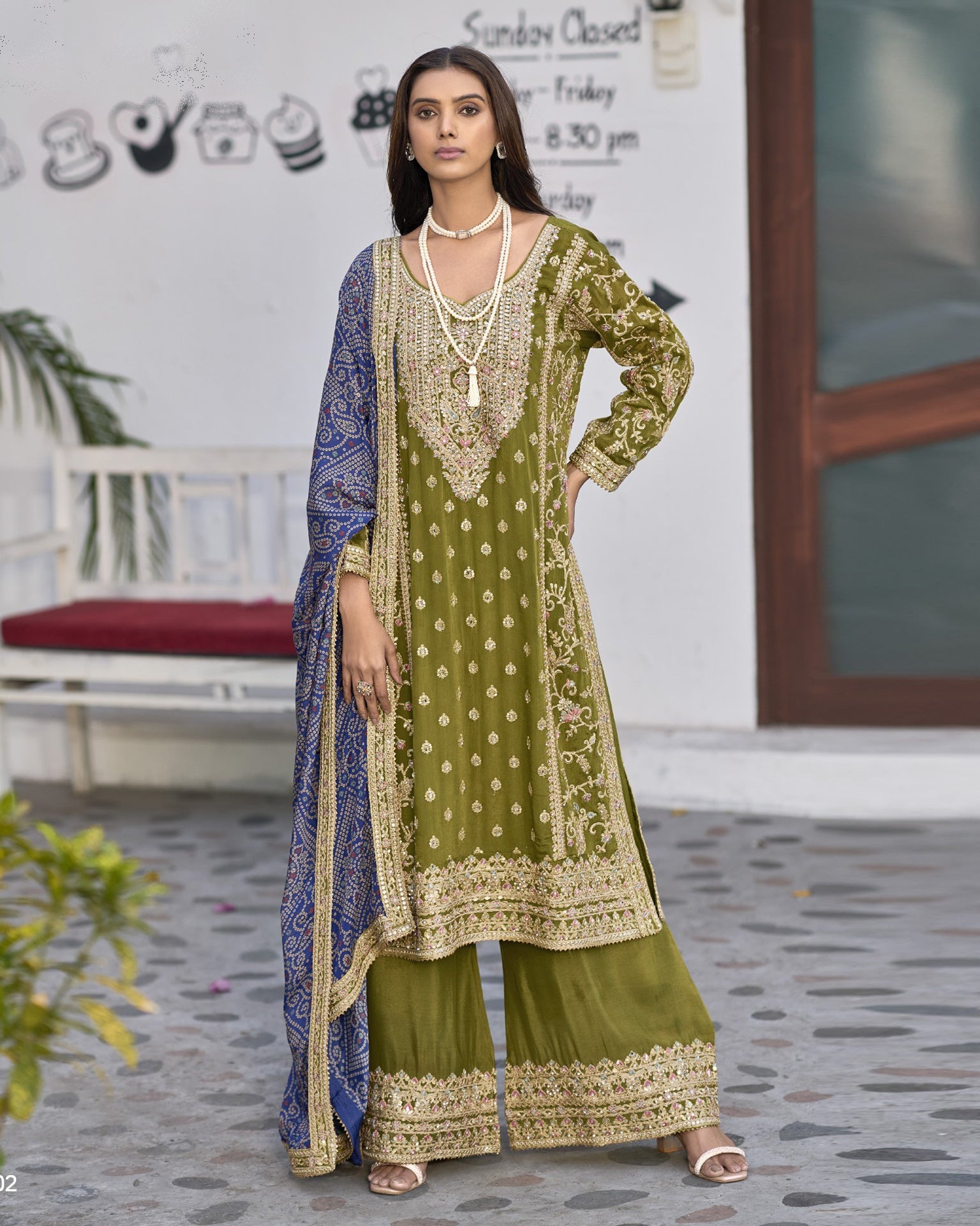 Green Chinnon Silk Bridal Palazzo Suit With Mirror & Zari Work & Embroidered Palazzo & Blue Bandhni Dupatta