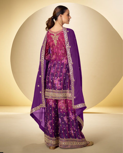 Pink & Purple Chinnon Silk Mirror Work Bandhni Print Readymade Woman Palazzo Suit