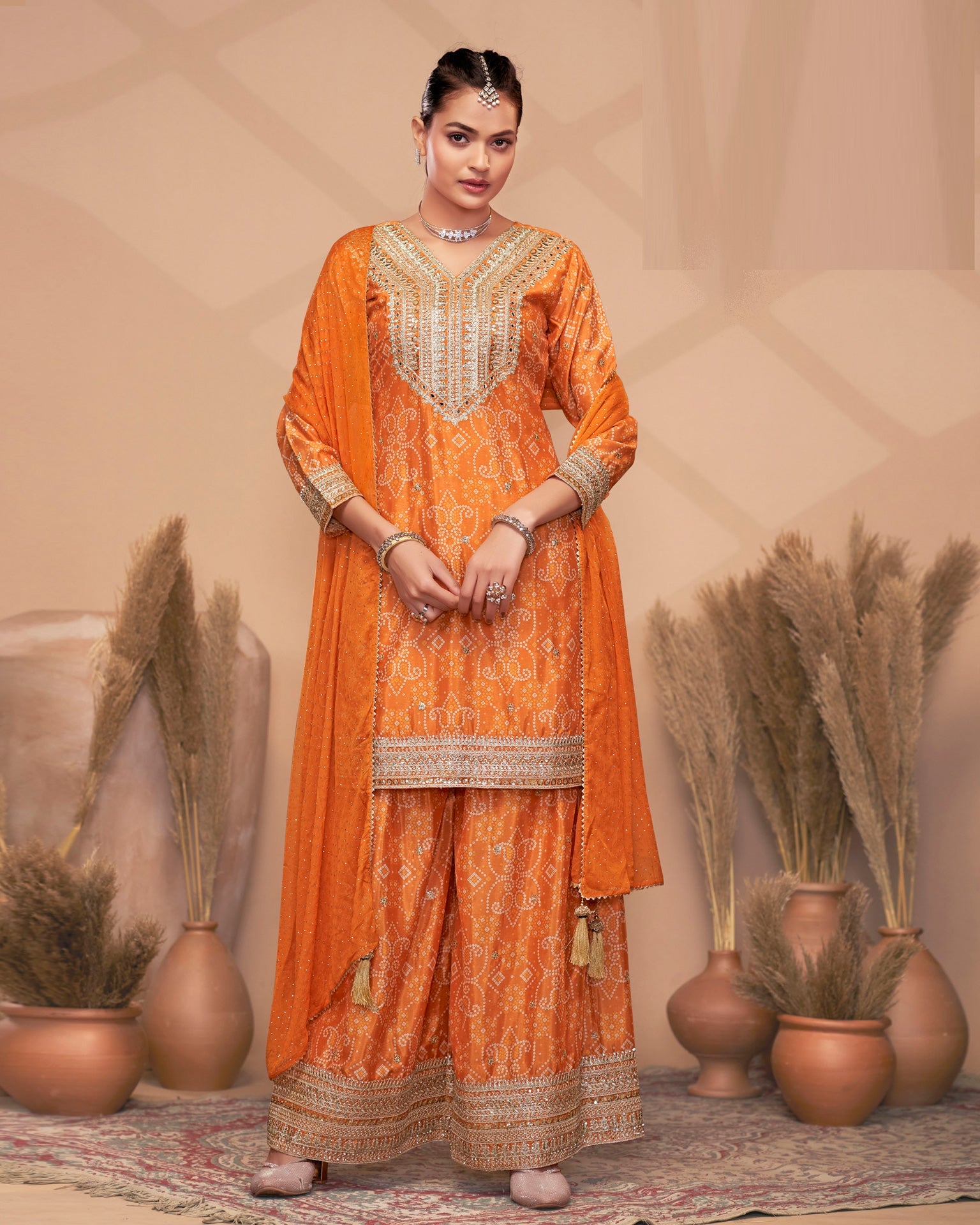 Orange Chinnon Silk Dabka & Mirror Work Women Readymade Salwar Suit