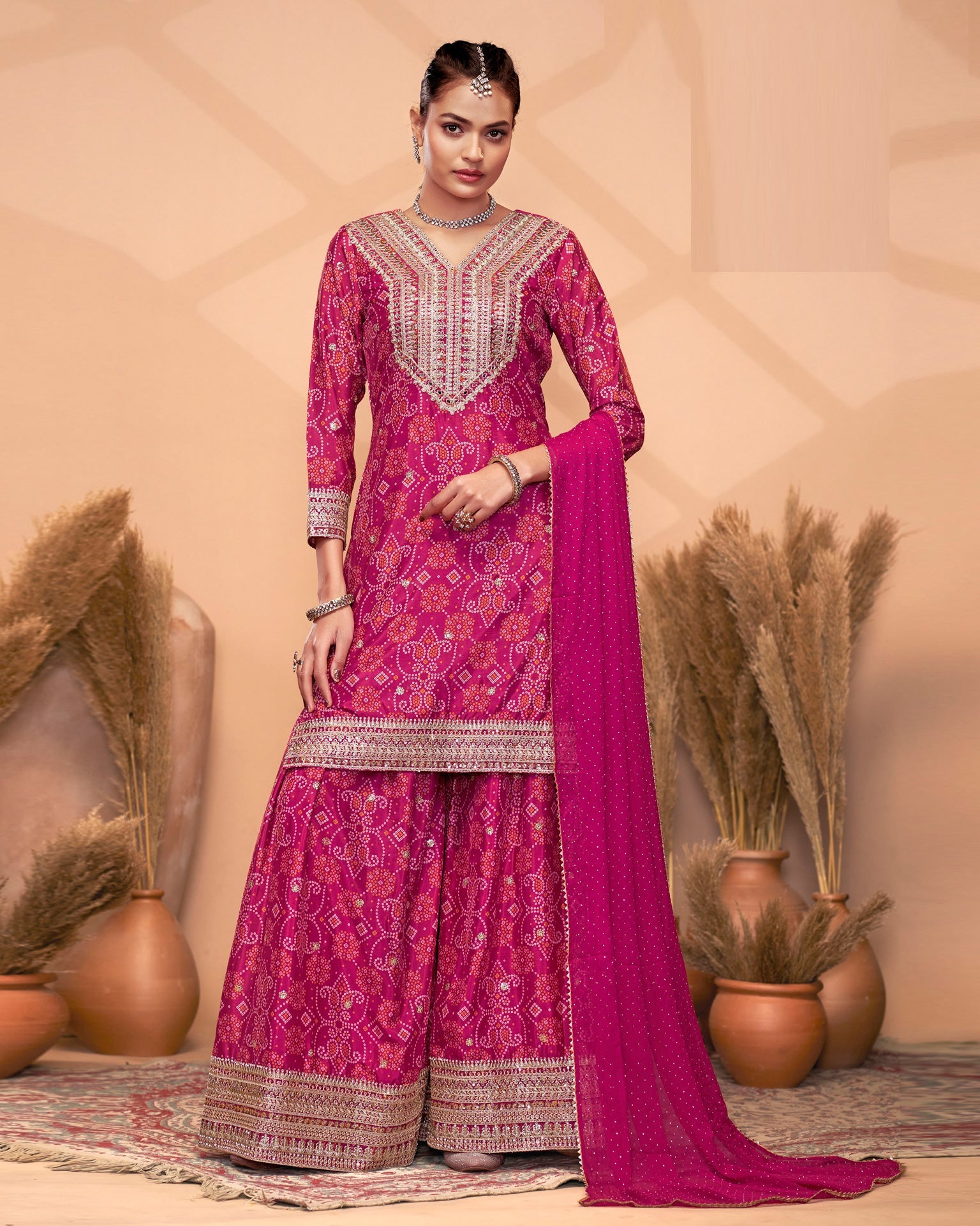Pink Chinnon Silk Dabka & Mirror Work Women Readymade Salwar Suit