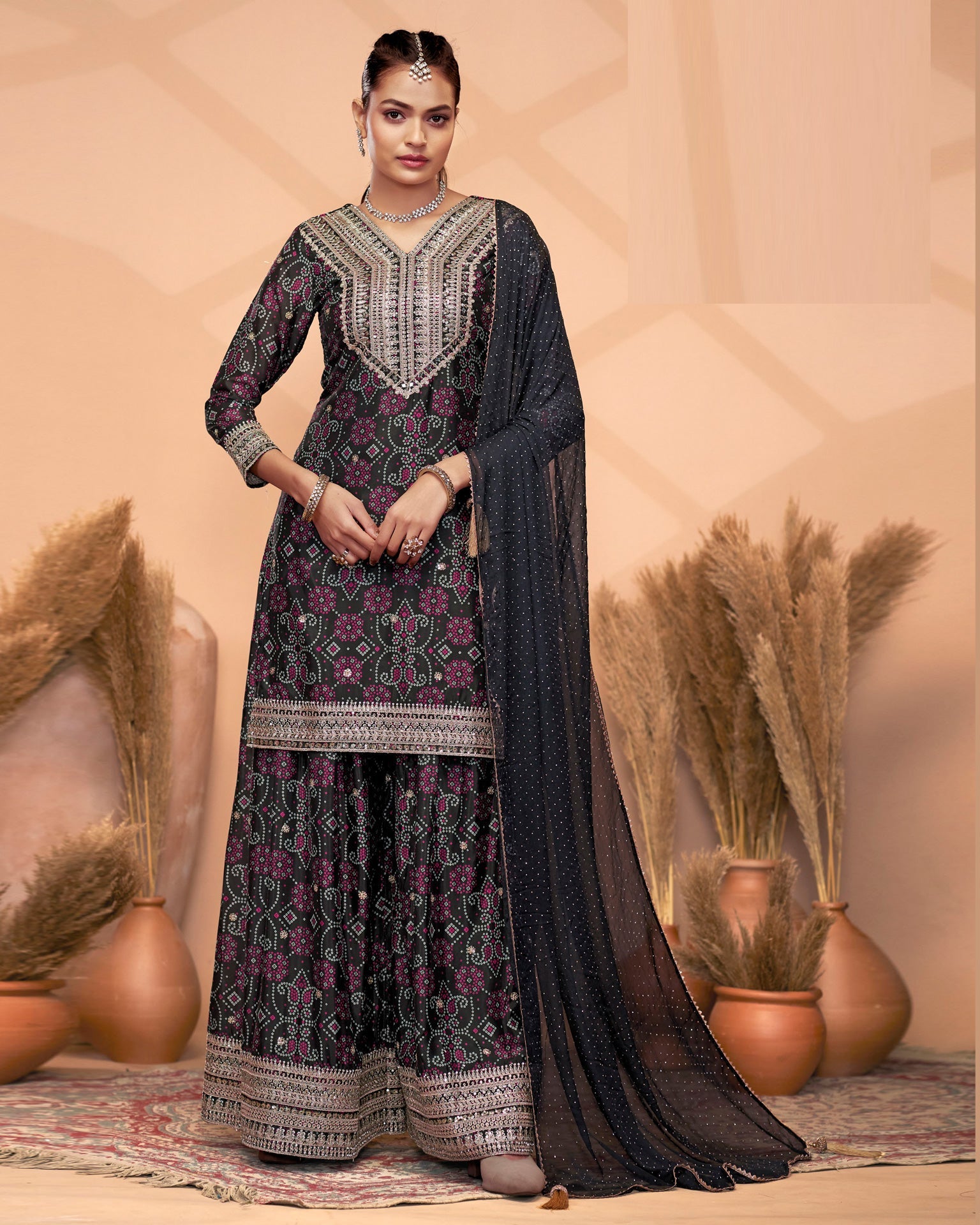 Black Chinnon Silk Dabka & Mirror Work Women Readymade Salwar Suit