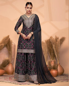 Black Chinnon Silk Dabka & Mirror Work Women Readymade Salwar Suit