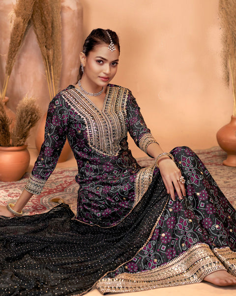 Black Chinnon Silk Dabka & Mirror Work Women Readymade Salwar Suit