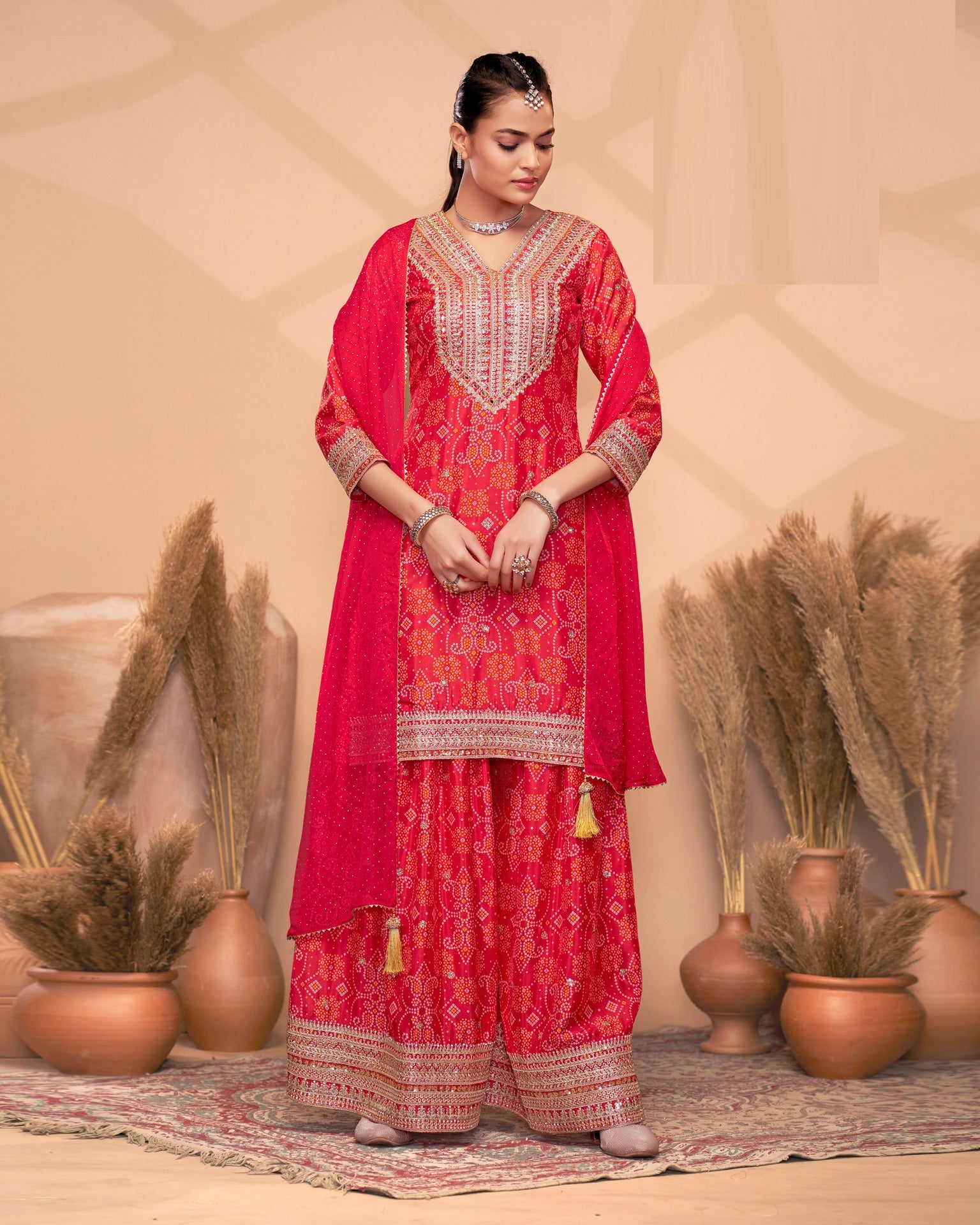 Red Chinnon Silk Dabka & Mirror Work Women Readymade Salwar Suit