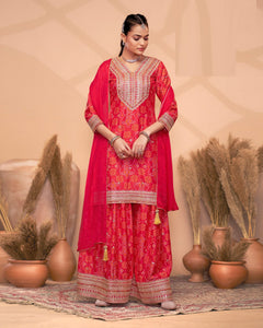 Red Chinnon Silk Dabka & Mirror Work Women Readymade Salwar Suit