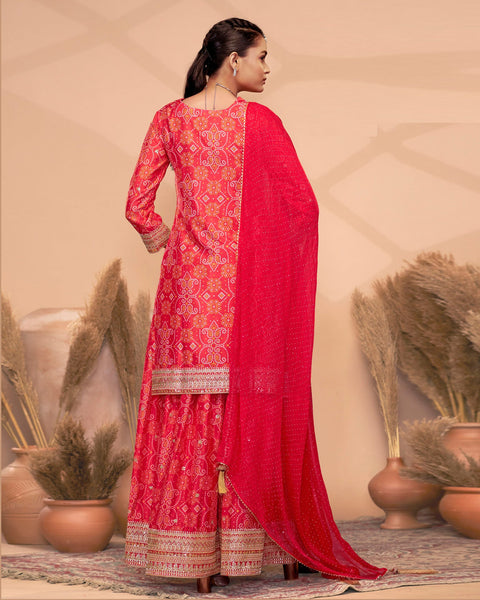 Red Chinnon Silk Dabka & Mirror Work Women Readymade Salwar Suit