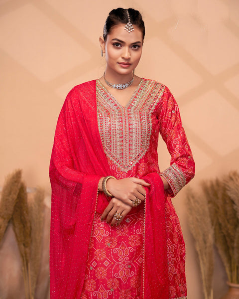Red Chinnon Silk Dabka & Mirror Work Women Readymade Salwar Suit