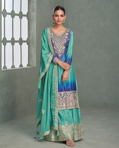 Shaded Blue Bandhni Print Readymade Woman Palazzo Suit 