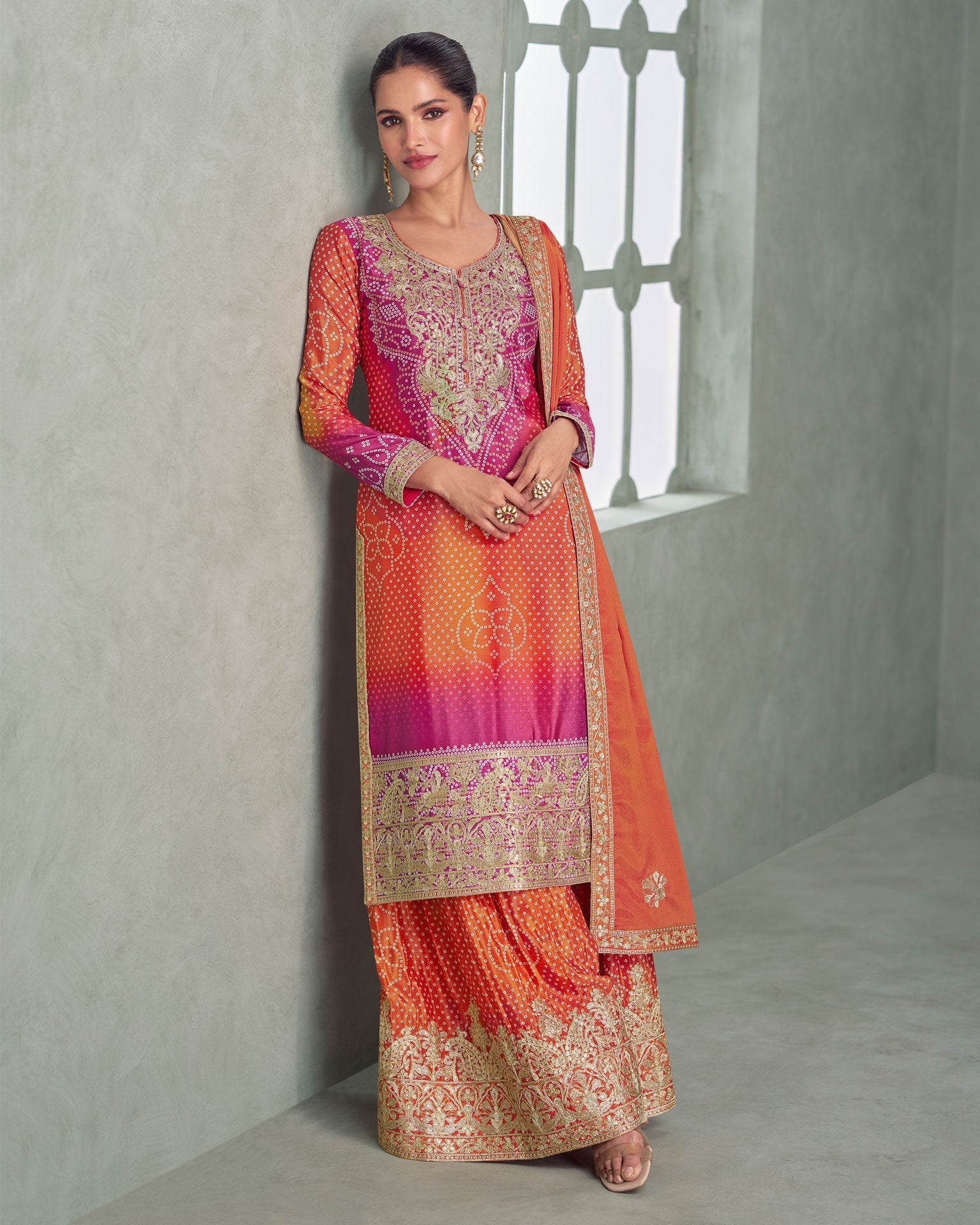 Orange & Pink Bandhni Print Readymade Woman Palazzo Suit 