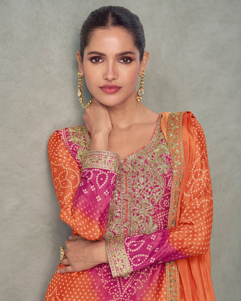 Orange & Pink Bandhni Print Readymade Woman Palazzo Suit 