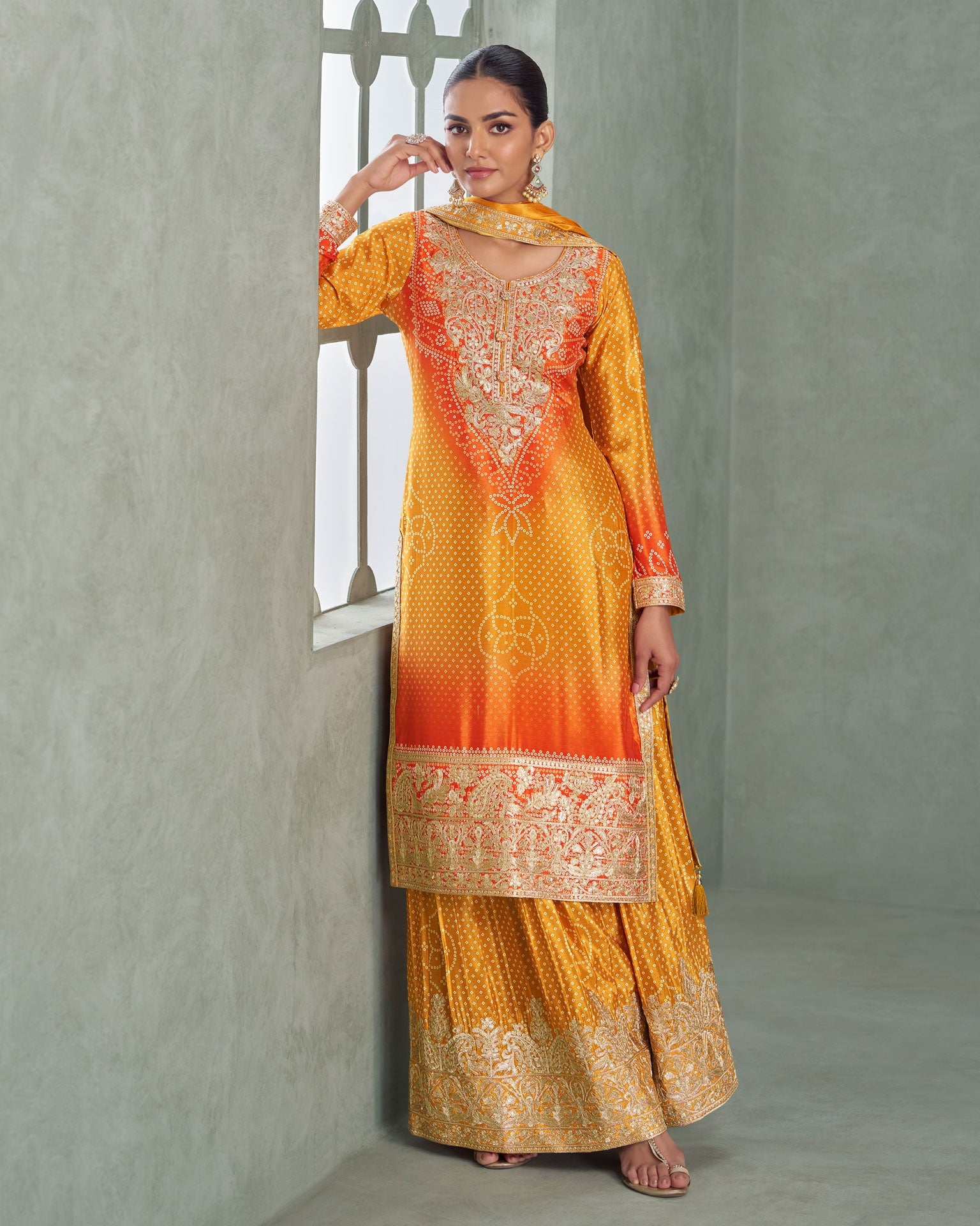 Orange & Yellow Bandhni Print Readymade Woman Palazzo Suit 