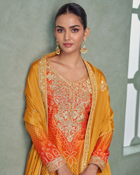 Orange & Yellow Bandhni Print Readymade Woman Palazzo Suit 