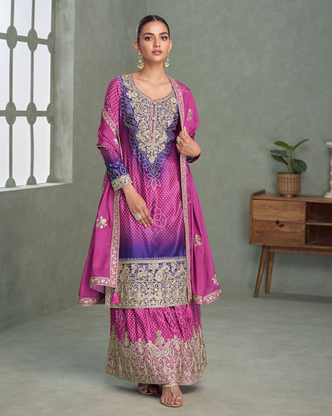 Pink & Purple Bandhni Print Readymade Woman Palazzo Suit 