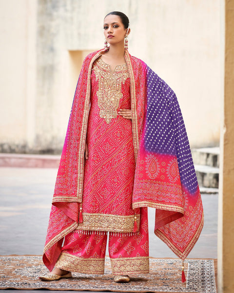 Pink Women Readymade Chinnon Silk Zari Mirror Sequins Work Palazzo Suit With Bandhni Print Dupatta