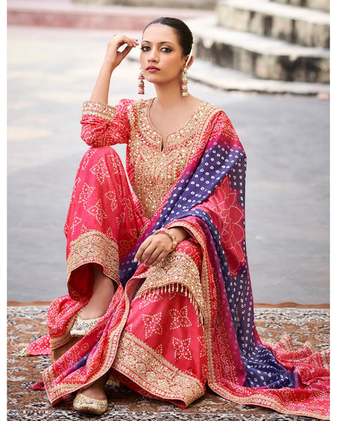 Pink Women Readymade Chinnon Silk Zari Mirror Sequins Work Palazzo Suit With Bandhni Print Dupatta