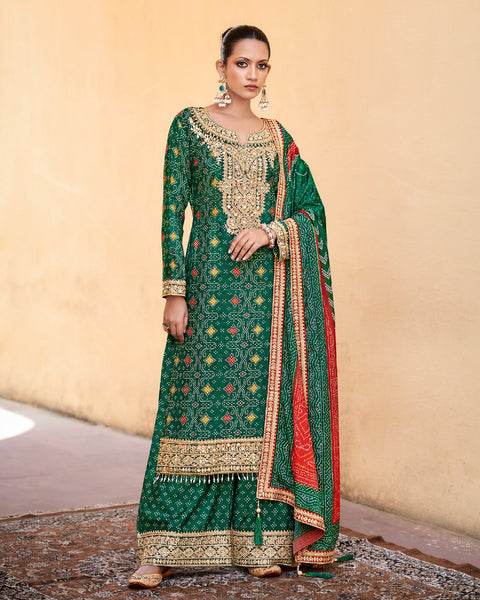 Green Women Readymade Chinnon Silk Zari Mirror Sequins Work Palazzo Suit With Bandhni Print Dupatta