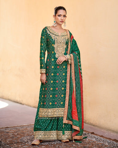 Green Women Readymade Chinnon Silk Zari Mirror Sequins Work Palazzo Suit With Bandhni Print Dupatta