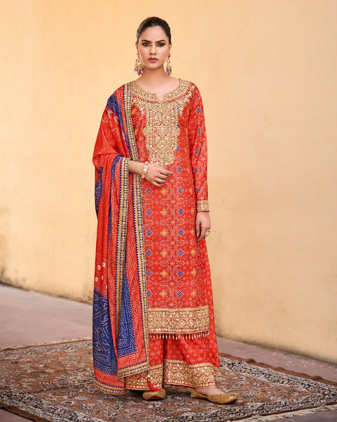 Orange Women Readymade Chinnon Silk Zari Mirror Sequins Work Palazzo Suit With Bandhni Print Dupatta