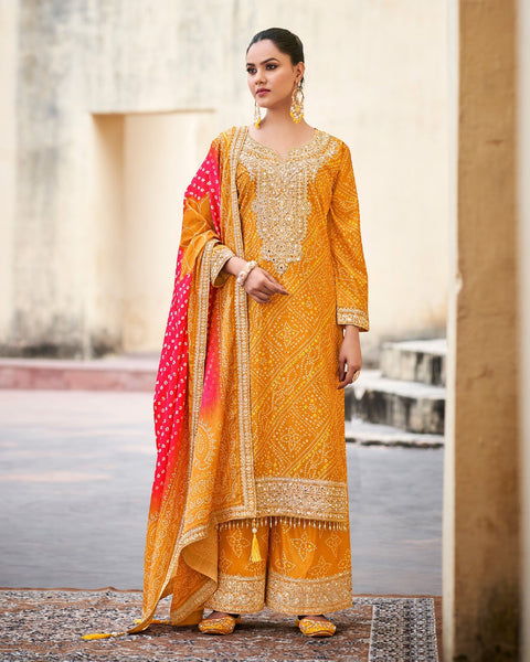 Yellow Women Readymade Chinnon Silk Zari Mirror Sequins Work Palazzo Suit With Bandhni Print Dupatta