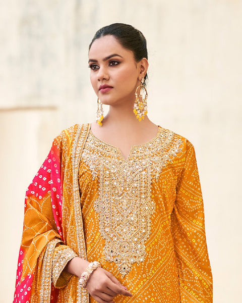 Yellow Women Readymade Chinnon Silk Zari Mirror Sequins Work Palazzo Suit With Bandhni Print Dupatta