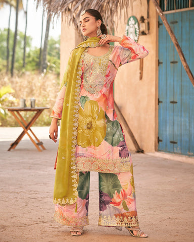 Pink Hand Work Chinnon Silk Digital Print Punjabi Palazzo Suit With Organza Dupatta