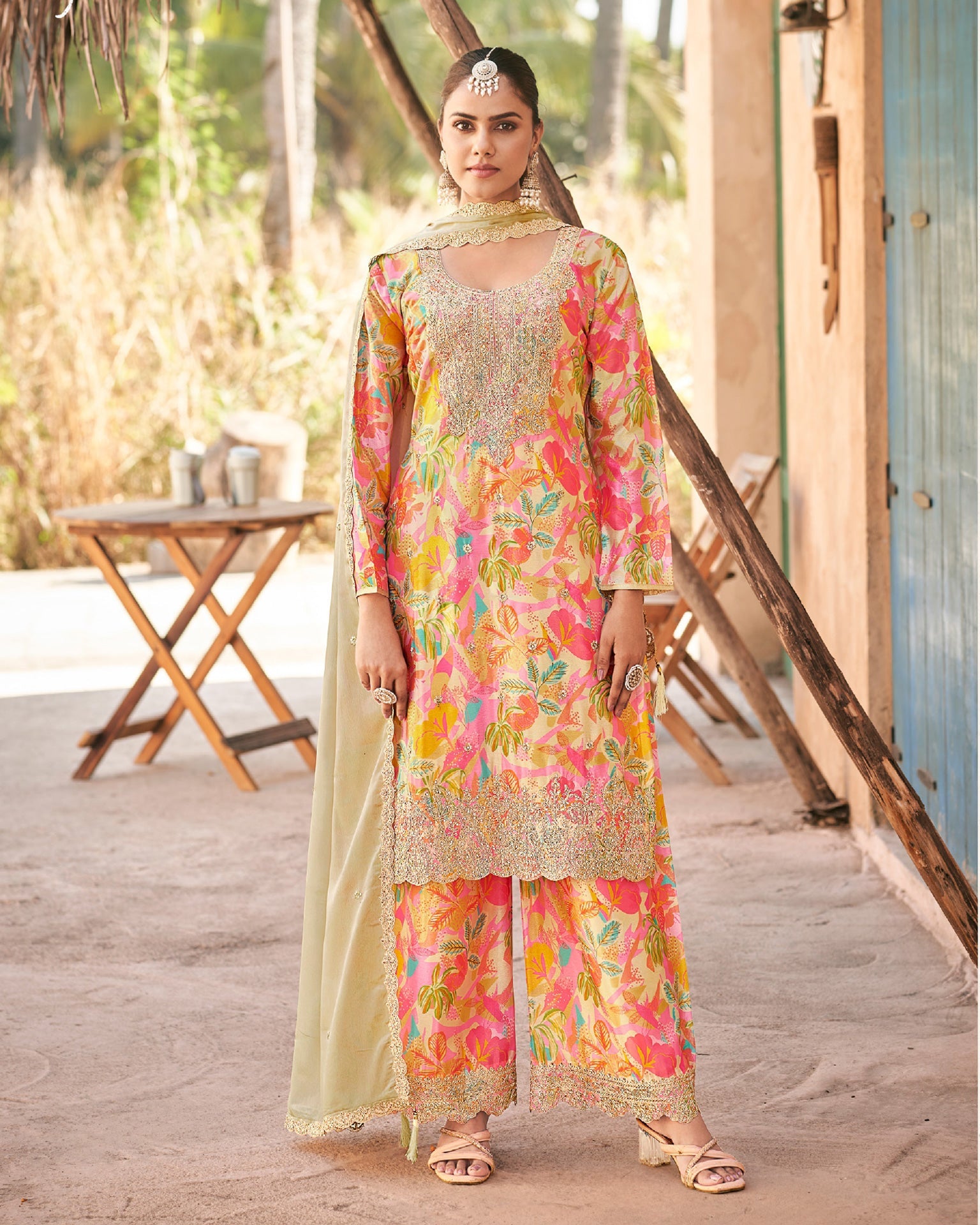 Beige Pink Hand Work Chinnon Silk Digital Print Punjabi Palazzo Suit With Organza Dupatta
