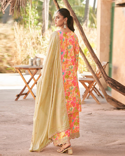 Beige Pink Hand Work Chinnon Silk Digital Print Punjabi Palazzo Suit With Organza Dupatta