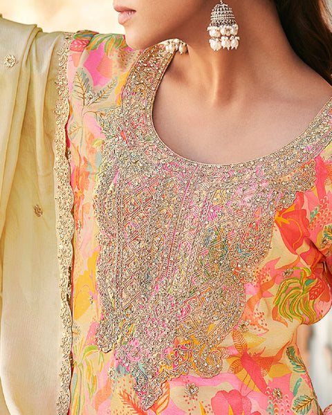 Beige Pink Hand Work Chinnon Silk Digital Print Punjabi Palazzo Suit With Organza Dupatta