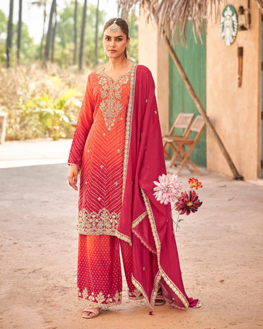 Orange & Red Hand Work Chinnon Silk Digital Print Punjabi Palazzo Suit With Organza Dupatta