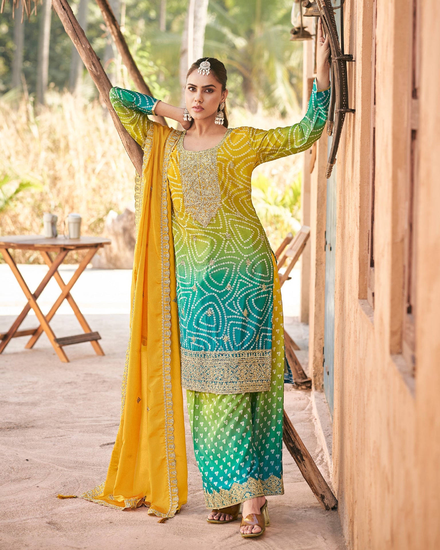 Yellow & Blue Hand Work Chinnon Silk Digital Print Punjabi Palazzo Suit With Organza Dupatta