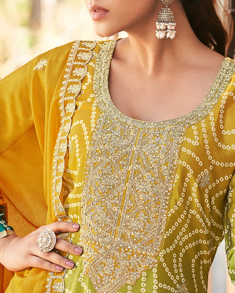 Yellow & Blue Hand Work Chinnon Silk Digital Print Punjabi Palazzo Suit With Organza Dupatta