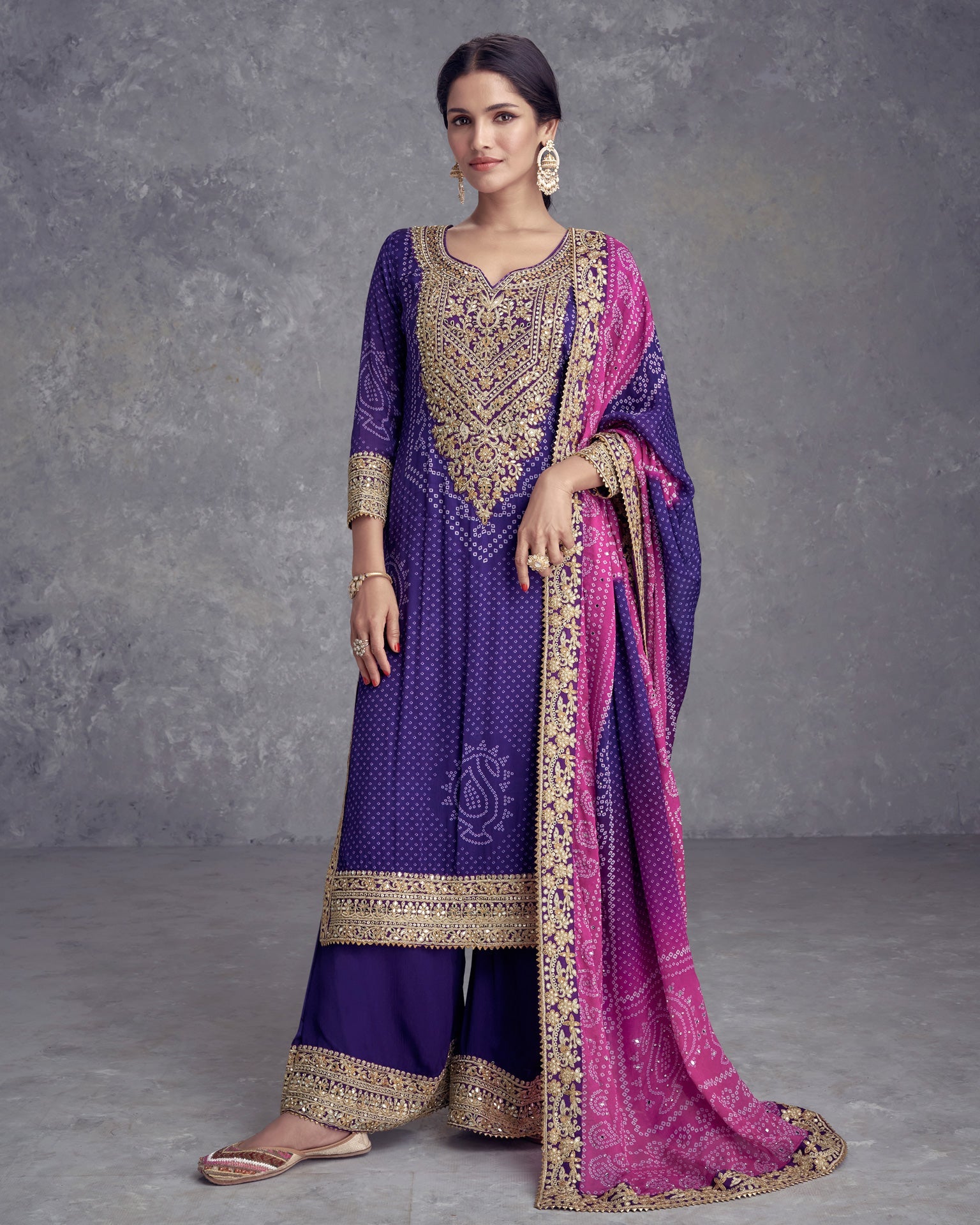 Purple Bandhni Print Bridal Readymade Woman Salwar Suit With Mirror & Zari Work & Bandhni Dupatta