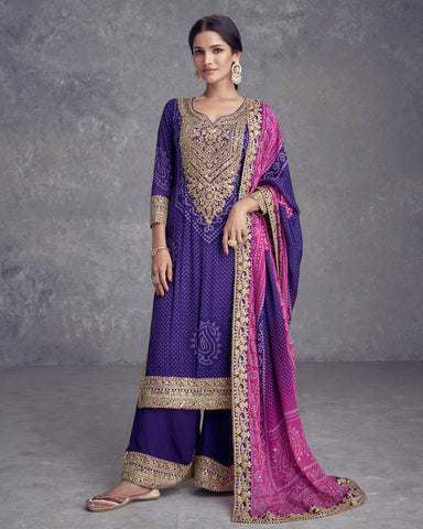 Purple Bandhni Print Bridal Readymade Woman Salwar Suit With Mirror & Zari Work & Bandhni Dupatta
