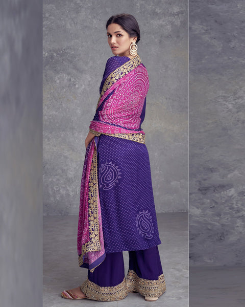 Purple Bandhni Print Bridal Readymade Woman Salwar Suit With Mirror & Zari Work & Bandhni Dupatta