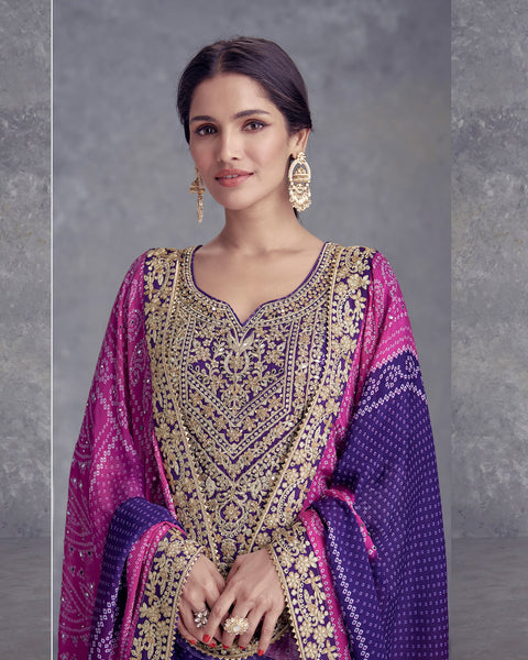 Purple Bandhni Print Bridal Readymade Woman Salwar Suit With Mirror & Zari Work & Bandhni Dupatta