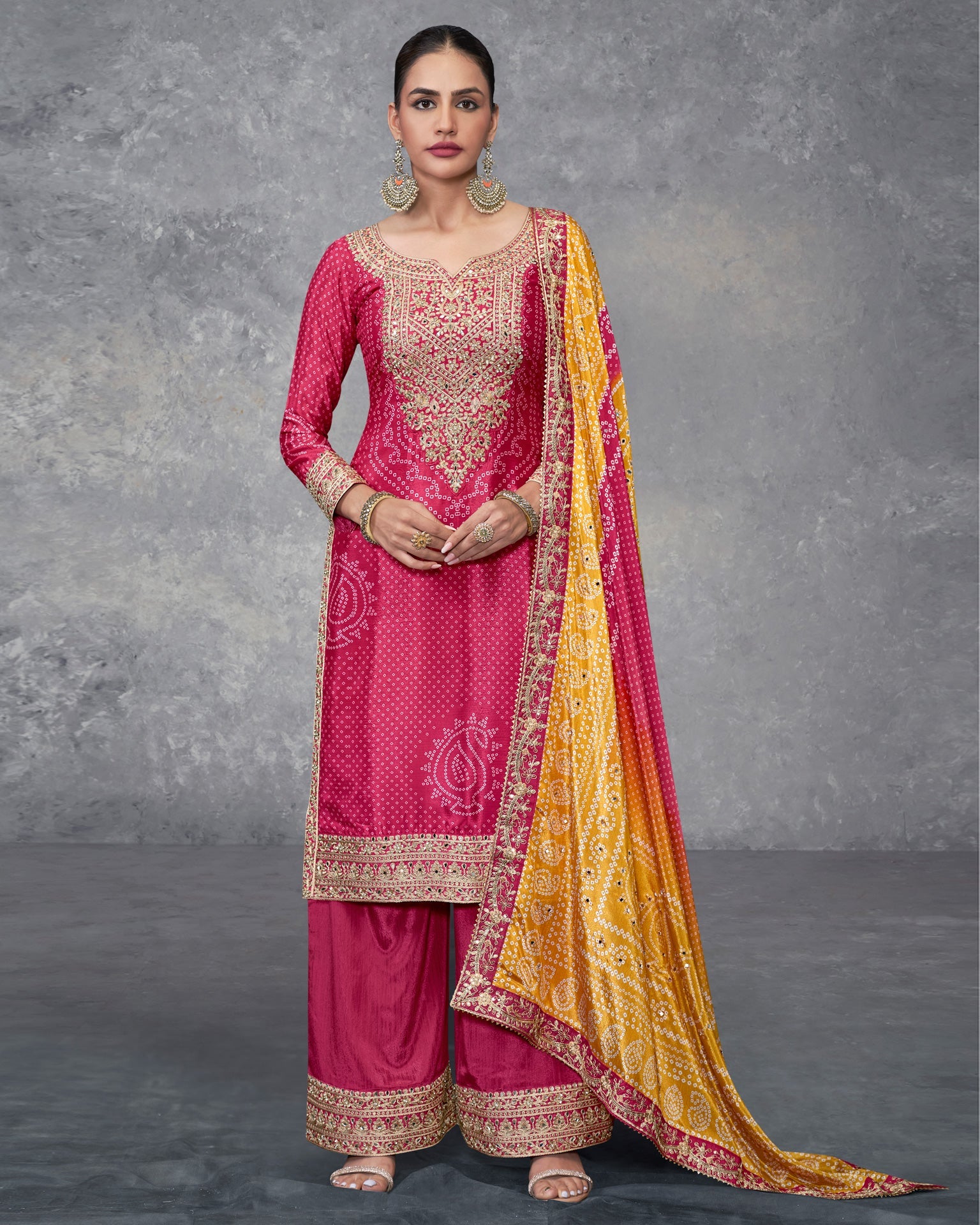 Pink Bandhni Print Bridal Readymade Woman Salwar Suit With Mirror & Zari Work & Bandhni Dupatta