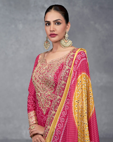 Pink Bandhni Print Bridal Readymade Woman Salwar Suit With Mirror & Zari Work & Bandhni Dupatta