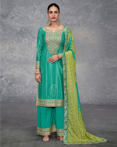 Green Bandhni Print Bridal Readymade Woman Salwar Suit With Mirror & Zari Work & Bandhni Dupatta